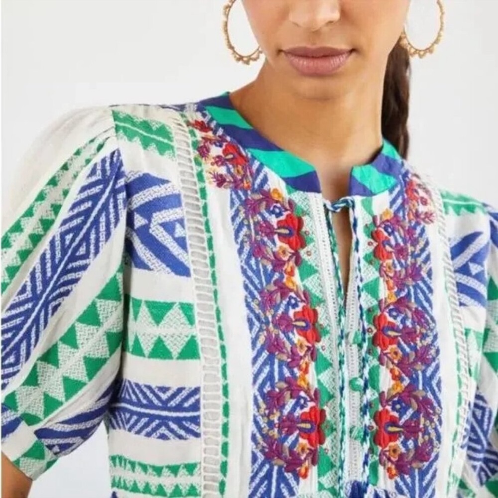 Anthropologie White Top with Blue and Green Geometric Print - Picture 3 of 16